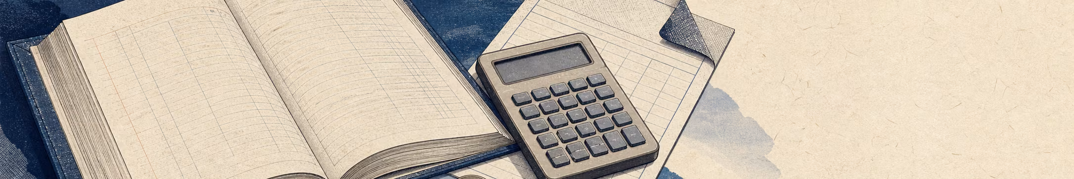 Woodblock-style banner of receipt slips, a ledger sheet, a paper stack, calculator, and coins