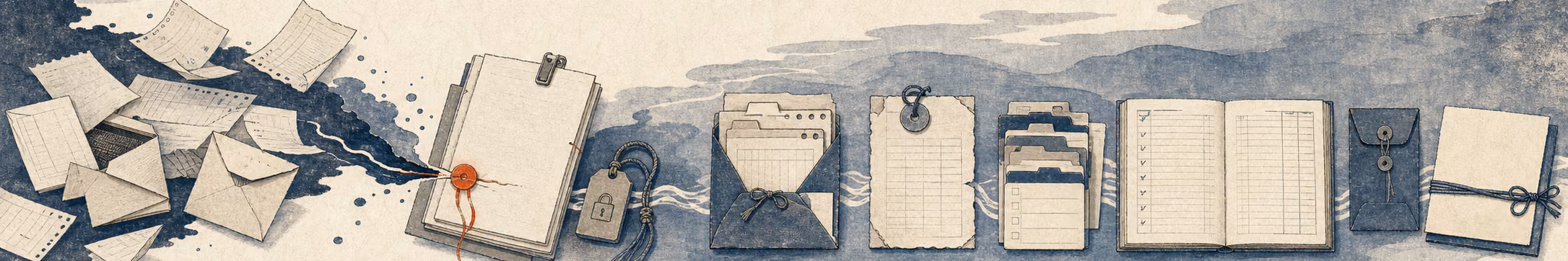 Woodblock-style banner of a clipboard checklist, ledger, pen, and a key