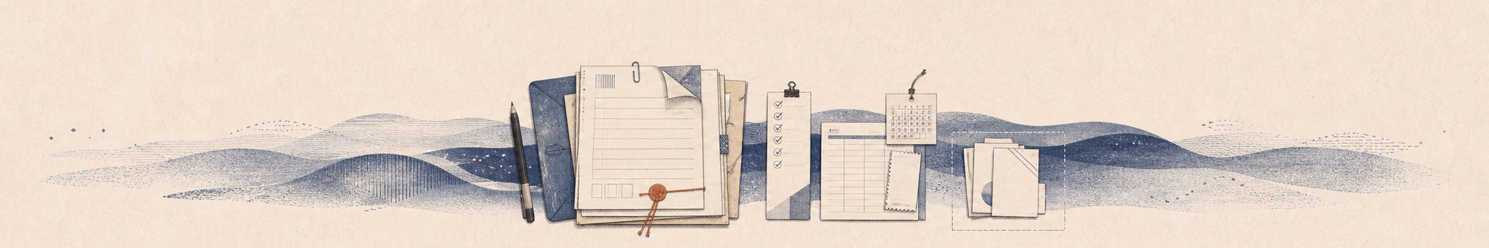 Woodblock-style banner of a signed engagement letter, fountain pen, and ledger