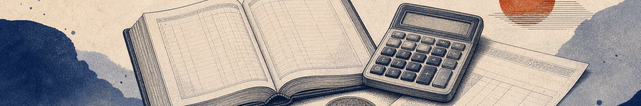 Woodblock-style banner of a bookkeeping ledger, calculator, invoice sheet, and coins
