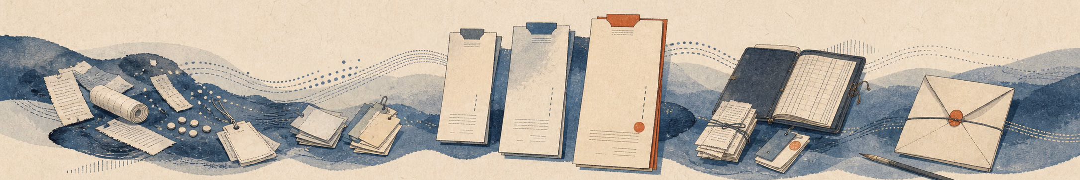 Woodblock-style banner of a bookkeeping proposal with tiered pricing, a pen, and a ledger
