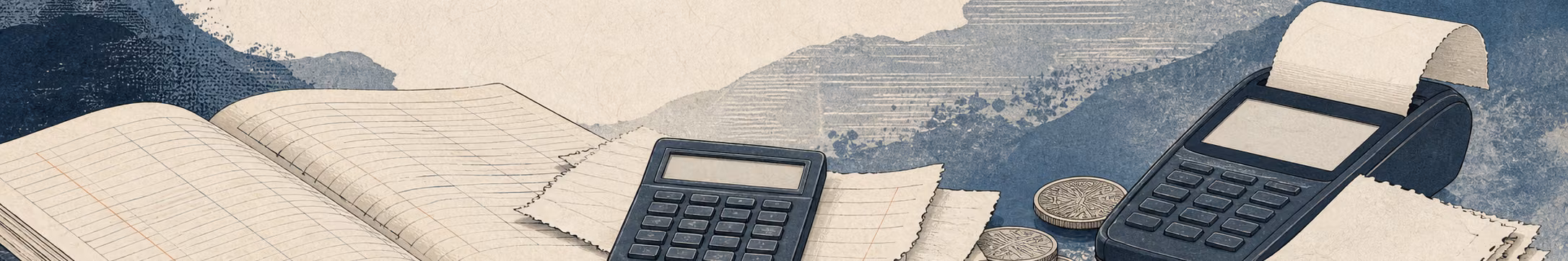 Woodblock-style still life of a ledger, calculator, receipts, payment terminal, paper stack, and coins