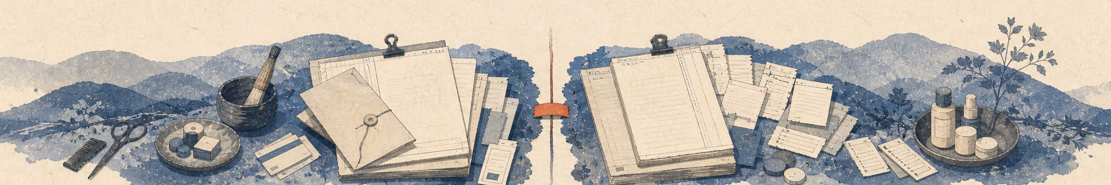 Woodblock-style banner of a salon chair, a rent envelope, a percentage split, and a balance scale