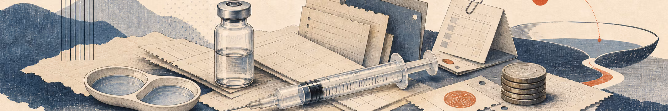 Woodblock-style banner of an unlabeled vial, syringe, waste droplet, and coins