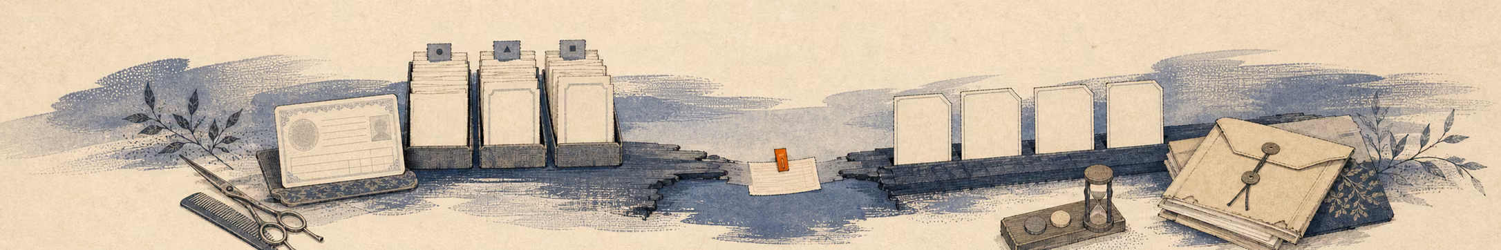 Woodblock-style banner of a US map, a cosmetology license, scissors, and a compact seal