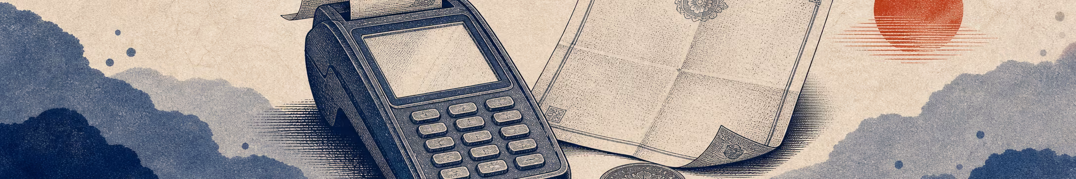 Woodblock-style banner of a payment terminal, receipt, compliance notice, and fee coins