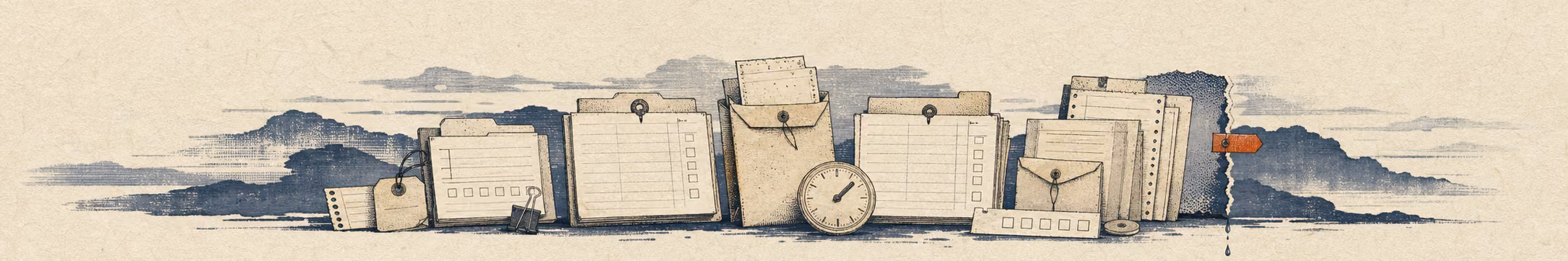Woodblock-style banner of a pay envelope, a punch clock, a calendar page, and a ledger