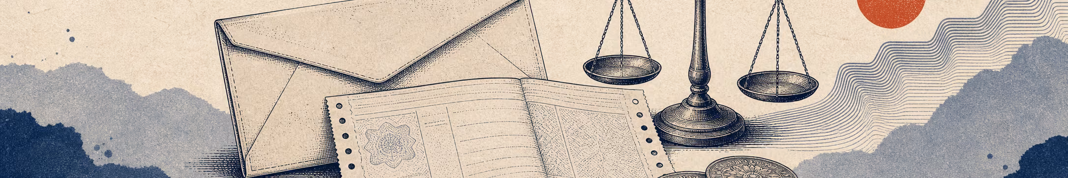 Woodblock-style banner of a payroll envelope, balance scale, benchmark arc, and compensation coins