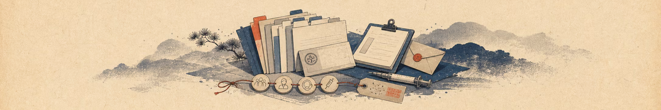 Woodblock-style banner of a US map, a medical caduceus, a license document, and a balance scale