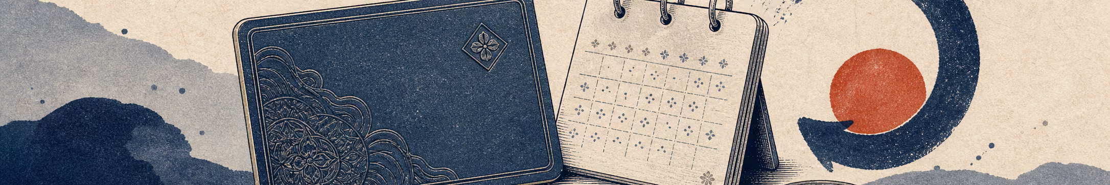 Woodblock-style banner of a blank membership card, calendar page, recurring loop, and coins