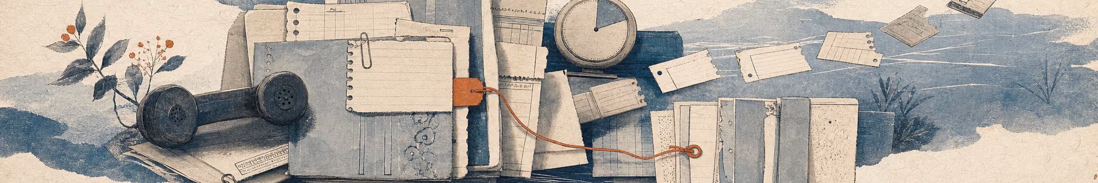 Woodblock-style banner of a desk phone, notepads, a stopwatch, new-client cards, and coins