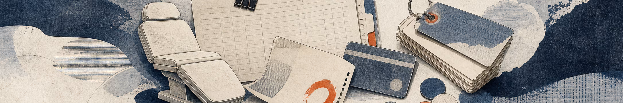 Woodblock-style banner of a med-spa treatment chair, an appointment calendar, a card on file, a crossed-out date, and coins