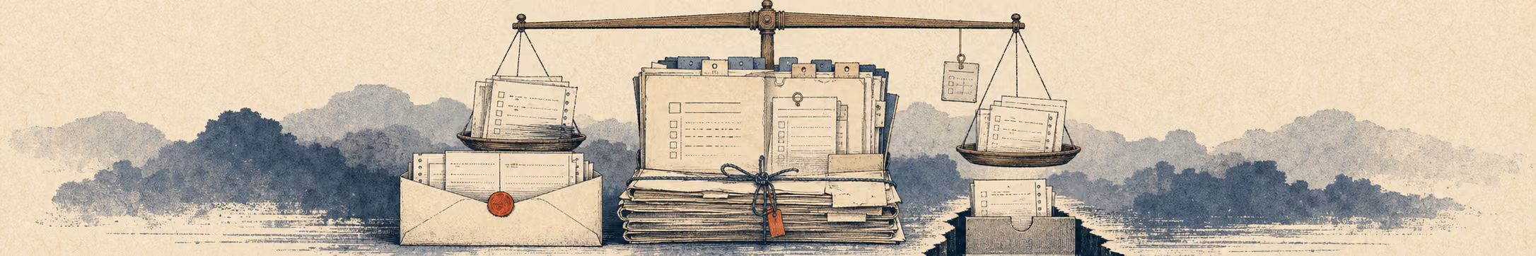 Woodblock-style banner of a balance scale weighing a pay envelope of accrued slips against a forfeit bin, with a tied ledger bundle