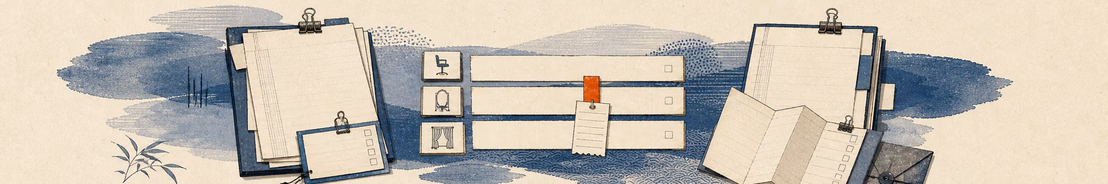 Woodblock-style banner of a salon chair, a private suite door, a rent envelope, and stacked coins