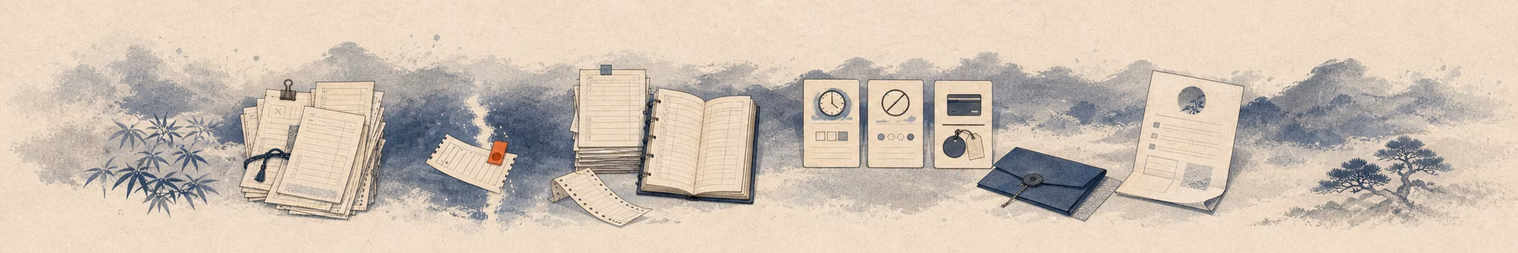 Woodblock-style banner of a salon appointment book, a clock, an empty chair, and a card on file