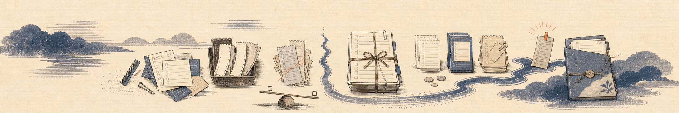 Woodblock-style banner of a salon till, a tip jar, coins, and a tax form