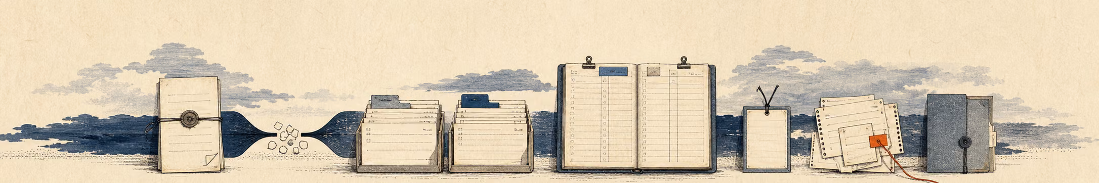 Woodblock-style banner of a wax-sealed document, two card-file boxes with scattered tablets between them, an open ledger, and bound notes